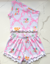 Load image into Gallery viewer, 2T WWJD ruffle halter romper + 2T floral tie tube x barrels

