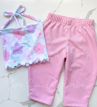 Load image into Gallery viewer, 2T WWJD ruffle halter romper + 2T floral tie tube x barrels
